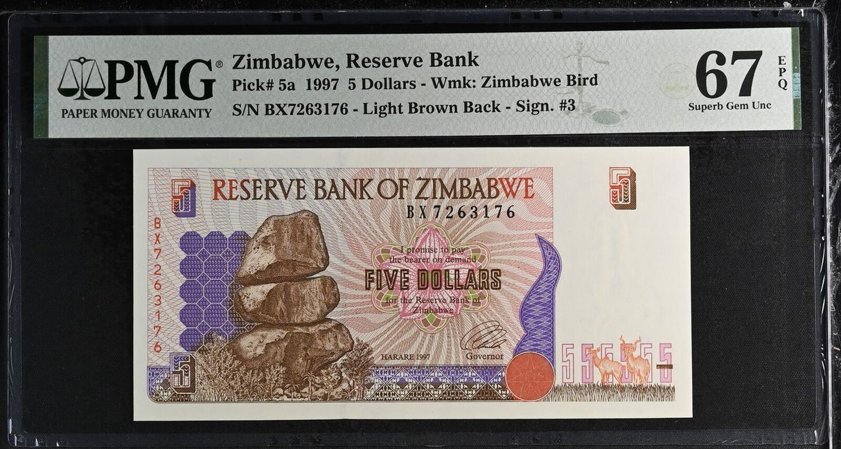 Zimbabwe 5 Dollars 1997 P 5 a Superb GEM PMG 67 EPQ