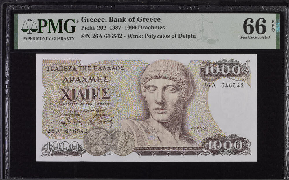 Greece 1000 Drachmai 1987 P 202 Gem UNC PMG 66 EPQ
