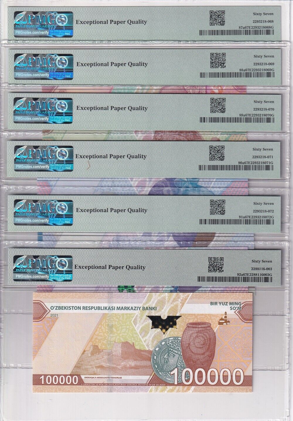 Uzbekistan Set 6; 2000- 50k 100000 Som 2021 P 87-P 92 Superb Gem UNC PMG 67 EPQ