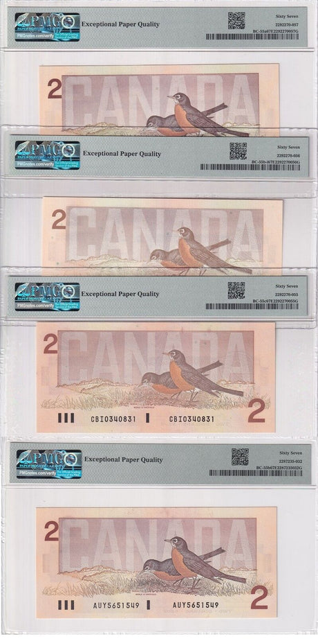 Canada Set 4; 2 Dollars 1986 BC-55a 55b-i 55c 55b P 94 Superb Gem UNC PMG 67 EPQ