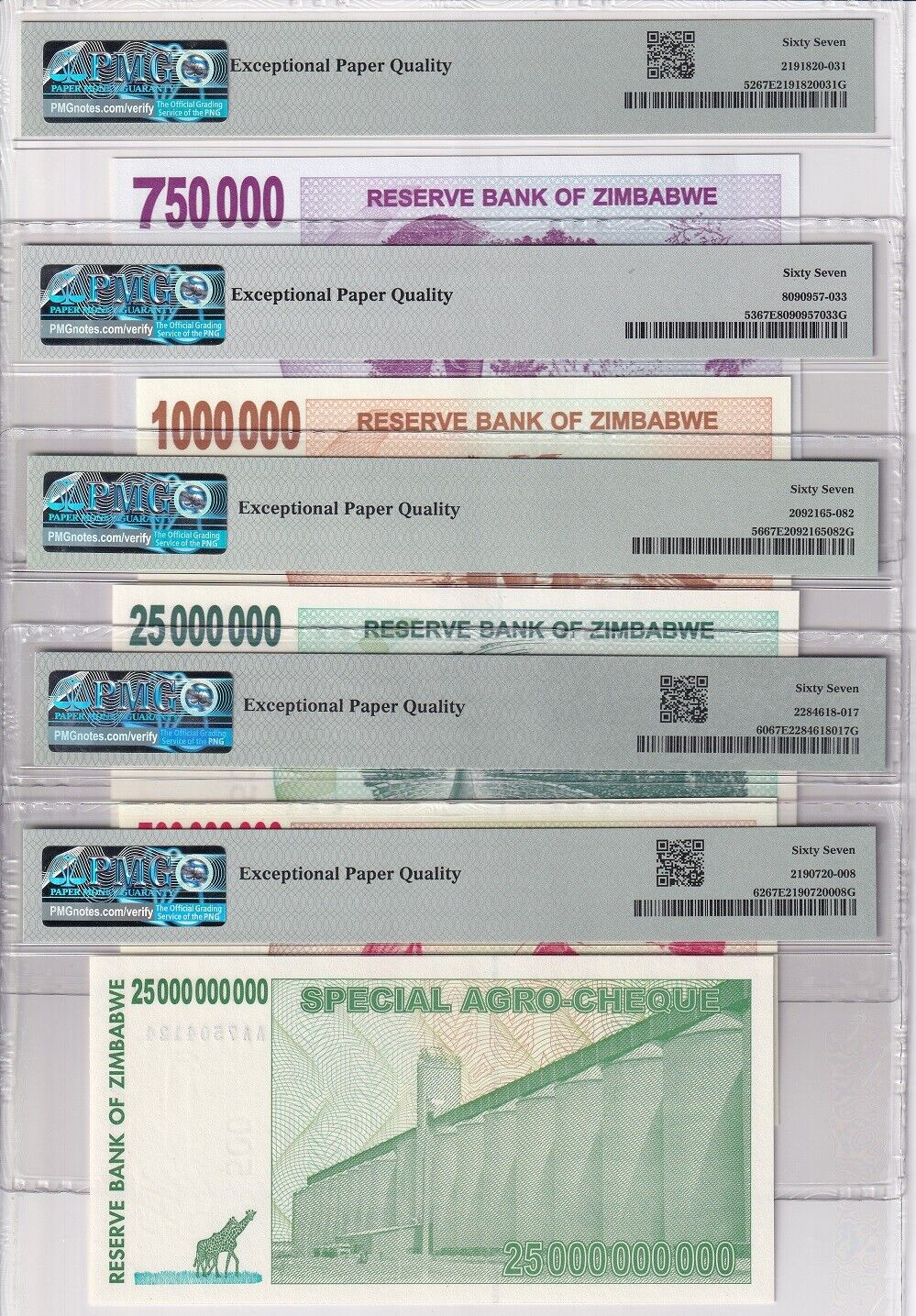 Zimbabwe Set 5; 750K 1-500 Mill 25 Bill 2008 P 52-P 62 Superb Gem UNC PMG 67 EPQ