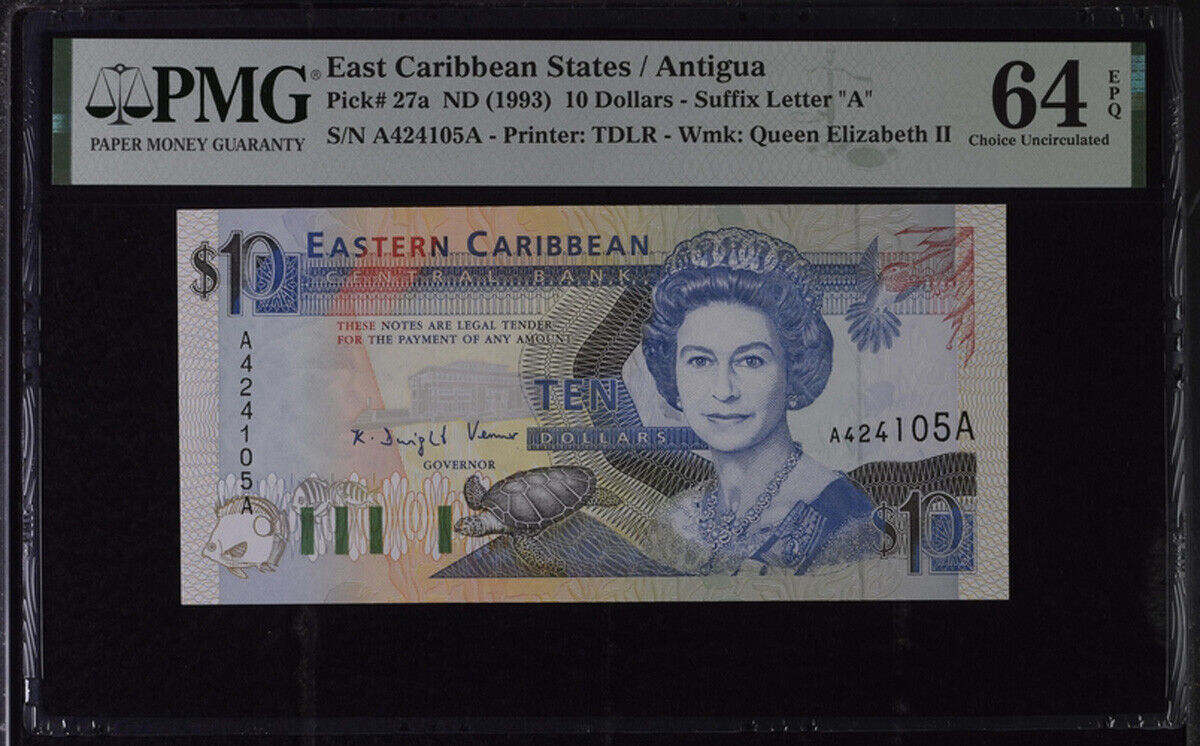 East Caribbean 10 Dollars ND 1993 P 27 a Suffix A Choice UNC PMG 64 EPQ