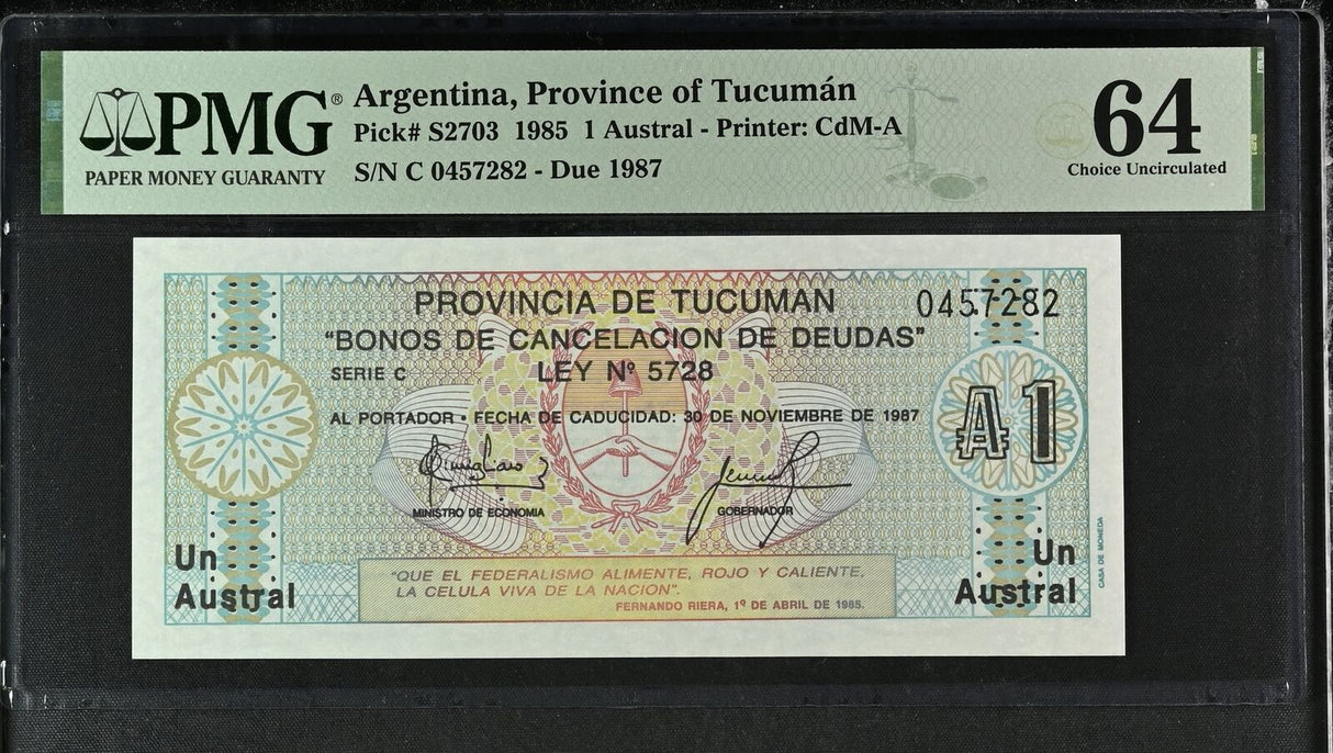 Argentina 1 Austral 1985 P S2703 Choice UNC PMG 64