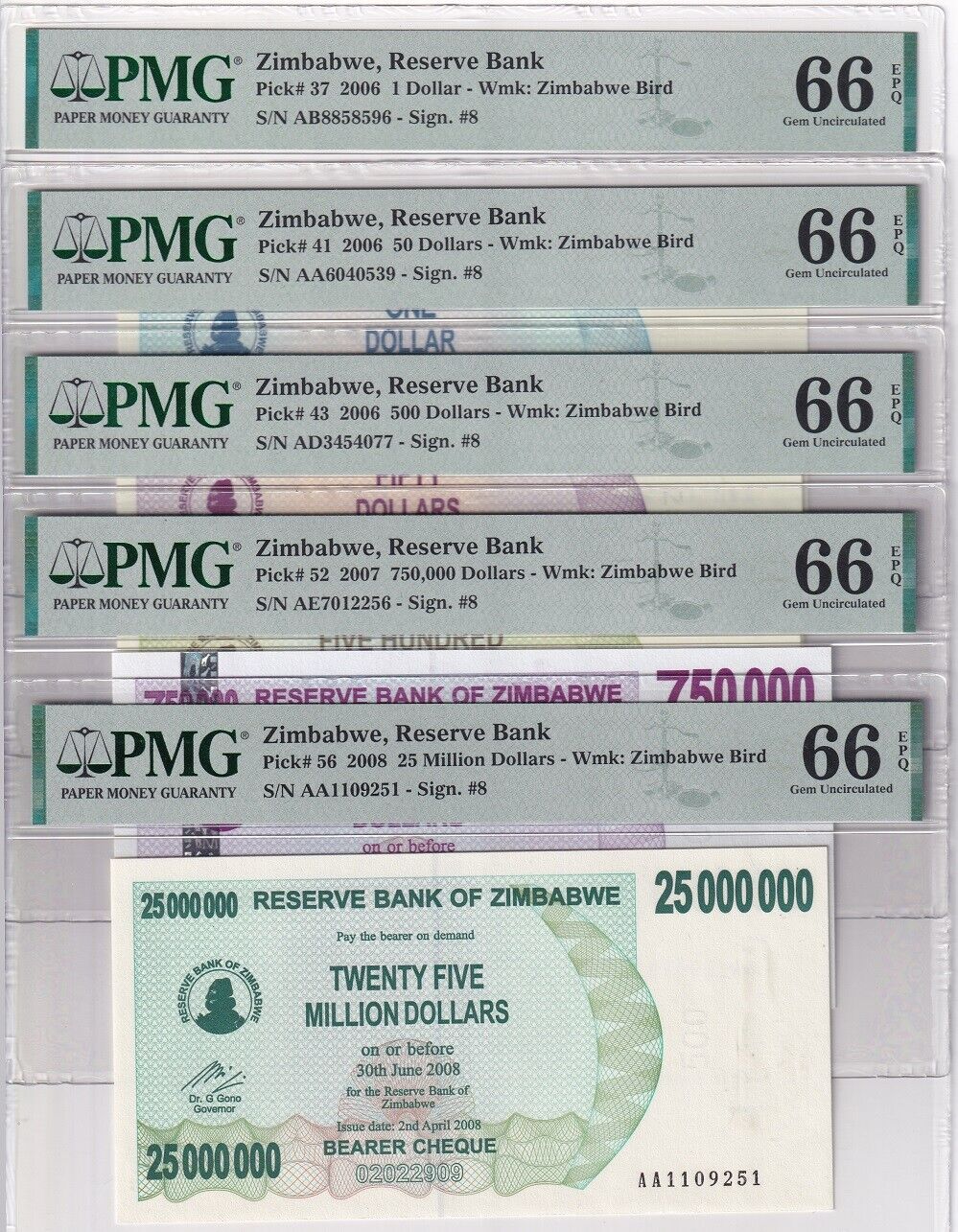 Zimbabwe Set 5; 1 50 500 750K 25Mill 2006-2008 P37-P52 Gem UNC PMG 66 EPQ