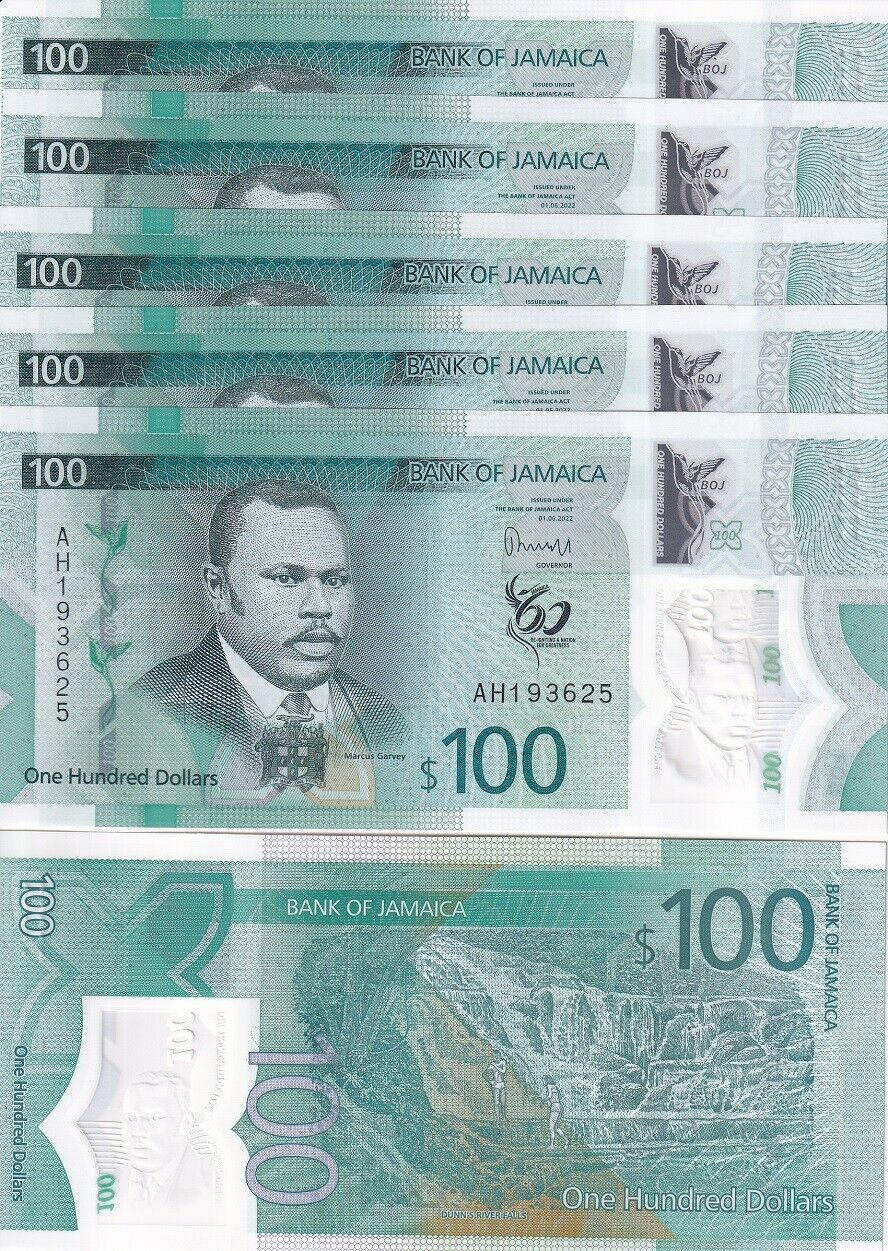 Jamaica 100 Dollars 2022 / 2023 P 97 Polymer LOT 5 Pcs UNC