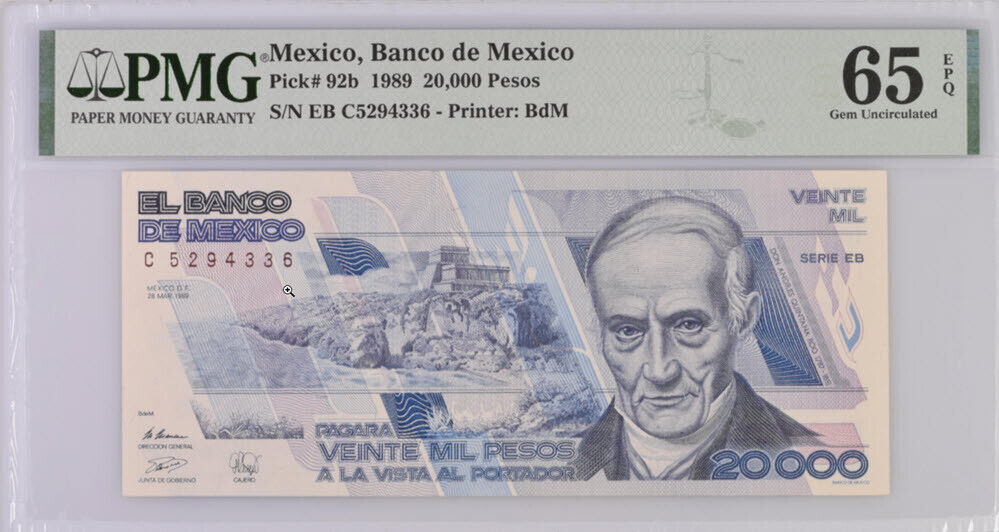 Mexico 20000 Pesos 1989 P 92 b Gem UNC PMG 65 EPQ