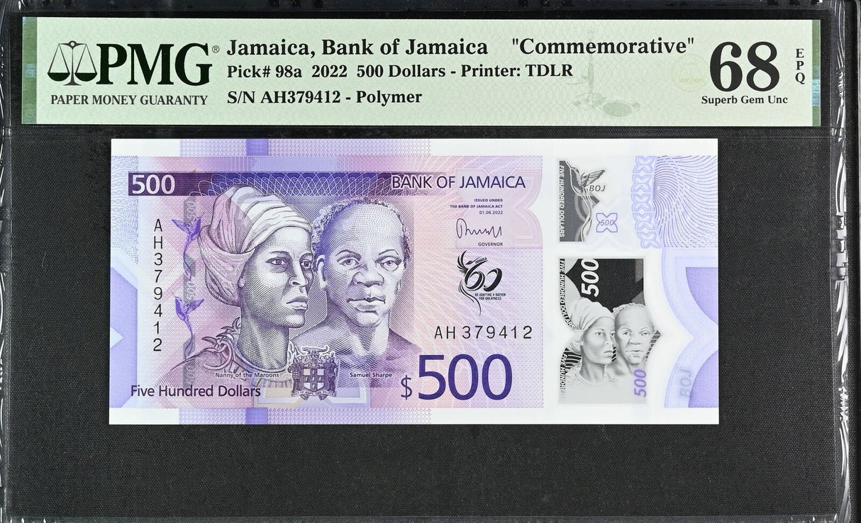 Jamaica 500 Dollars 2022 P 98 a Comm. Superb Gem UNC PMG 68 EPQ