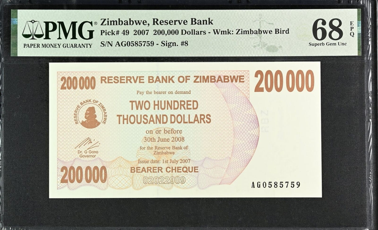 Zimbabwe 200000 Dollars 2007 P 49 Superb Gem UNC PMG 68 EPQ TOP POP