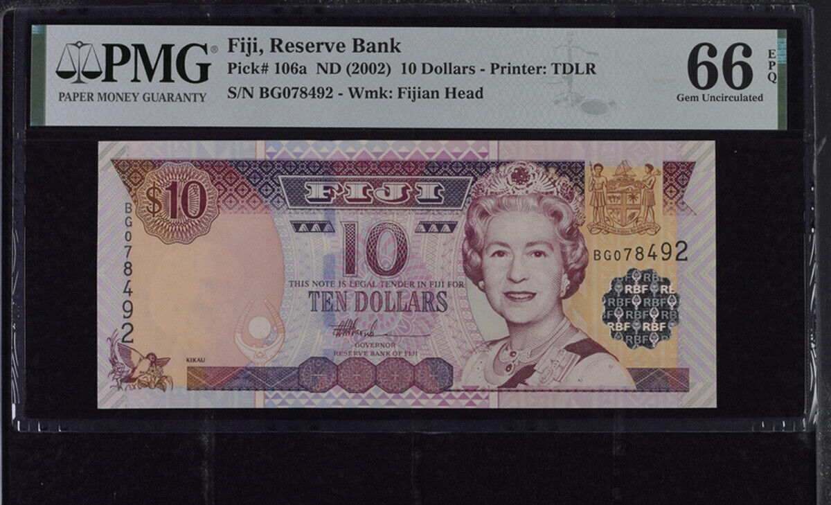 Fiji 10 Dollars ND 2002 P 106 a Gem UNC PMG 66 EPQ