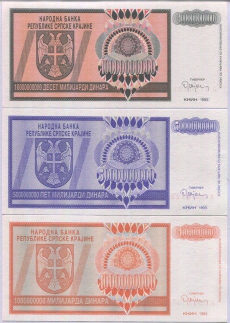 Croatia SET 3 UNC 1000000000-10000000000 Dinara 1993 P R17 P R18 P R19