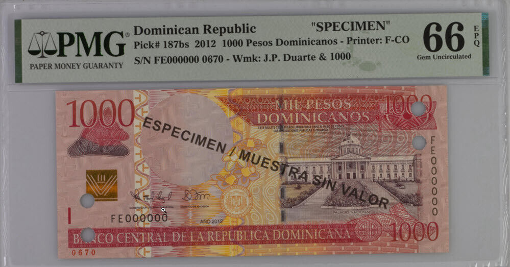 Dominican Republic 1000 Pesos 2012 P 187 bs SPECIMEN Gem UNC PMG 66 EPQ Top Pop