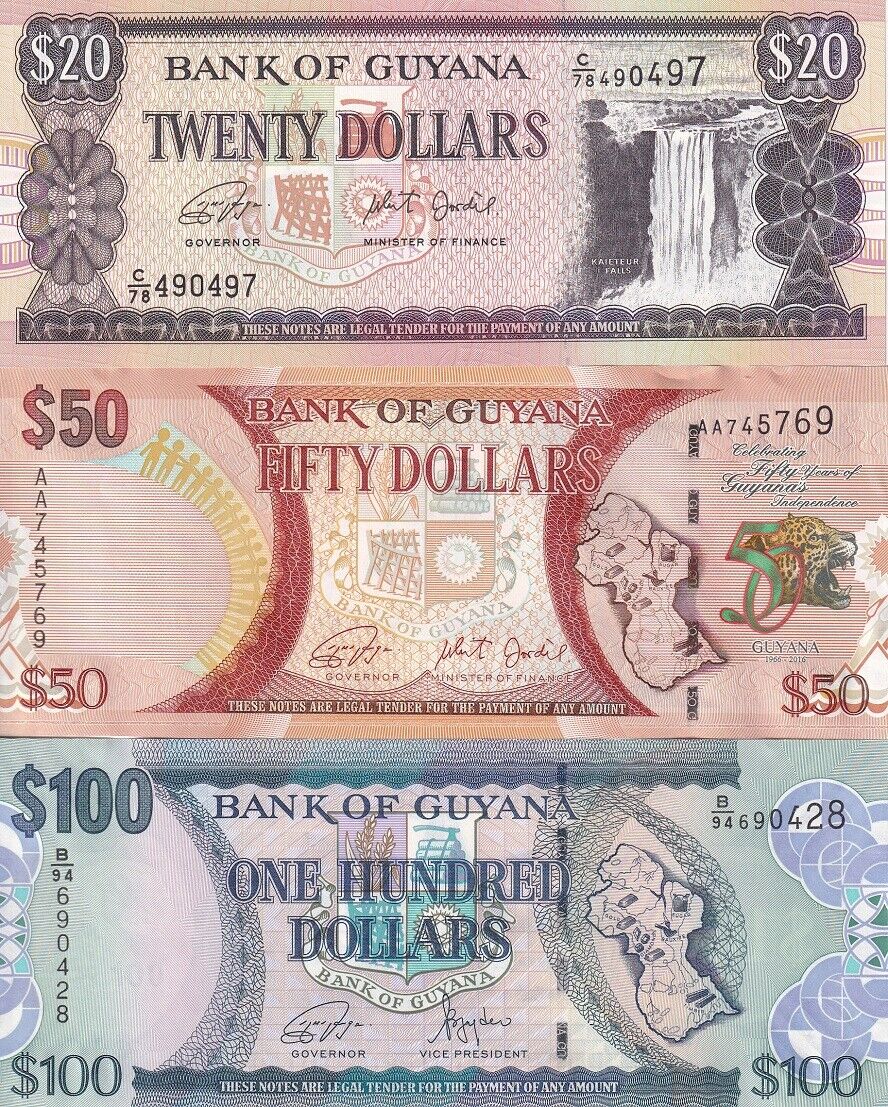Guyana Set 3 UNC 20 50 100 Dollars 2016-2022 P 30 36 41