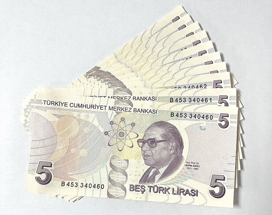 Turkey 5 Lira 2009 / 2013 P 222 Prefix B UNC LOT 10 PCS