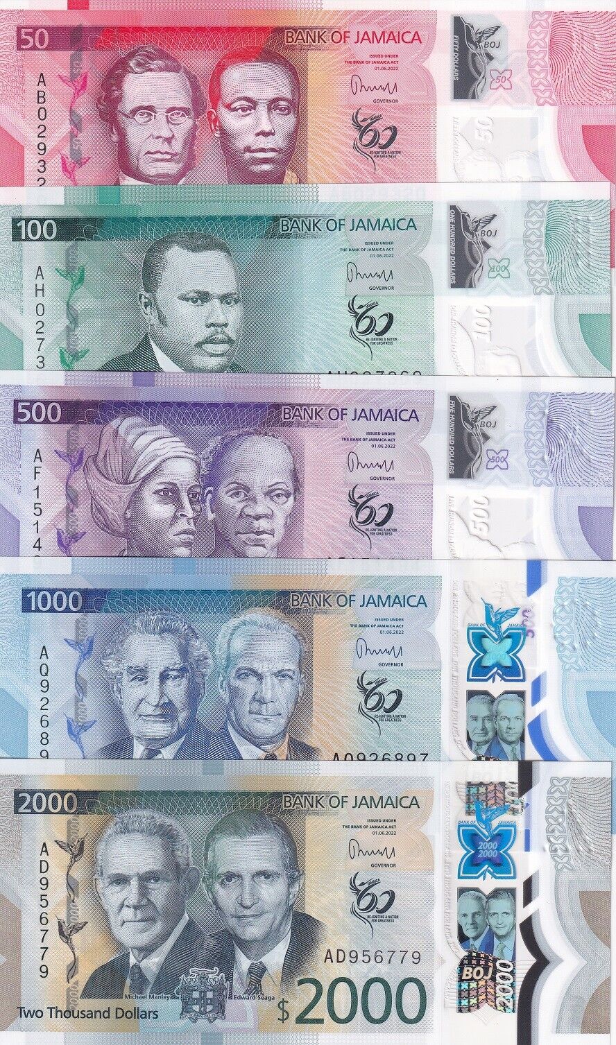 Jamaica SET 5 UNC 50 100 500 1000 2000 Dollars 2022 / 2023 P 96 97 98 99 100