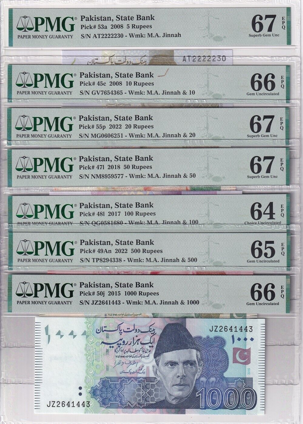 Pakistan Set 7; 5 10-100 500 1000 R. 2008-22 P45-50 53 55 Gem UNC PMG 64-67 EPQ