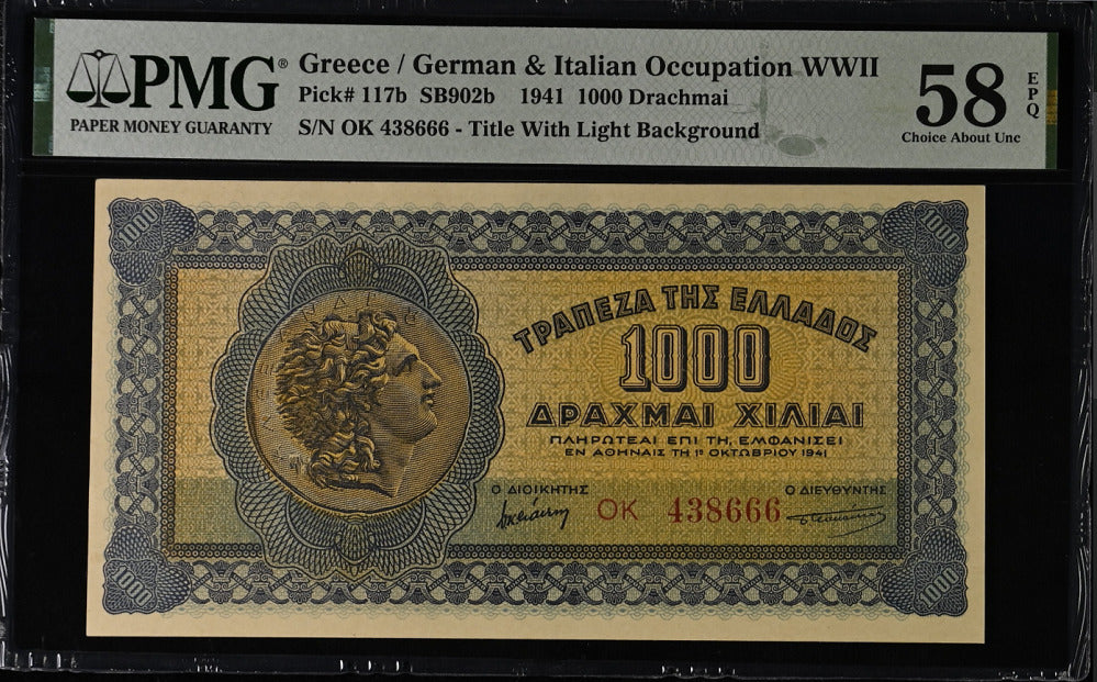 Greece 1000 Drachmai 1941 P 117 b Choice UNC PMG 58 EPQ