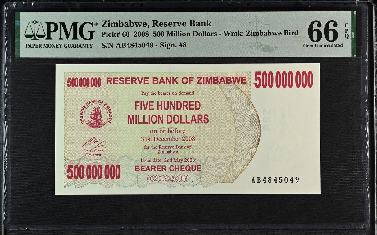 Zimbabwe 500 Million Dollars 2008 P 60 Gem UNC PMG 66 EPQ