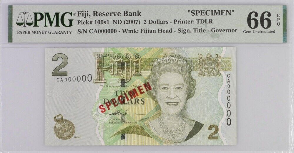 Fiji 2 Dollars ND 2007 P 109s1 SPECIMEN Gem UNC PMG 66 EPQ