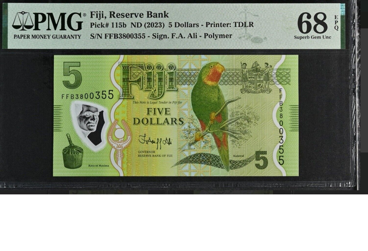 Fiji 5 Dollars ND 2023 P 115 b Polymer Superb Gem UNC PMG 68 EPQ TOP POP