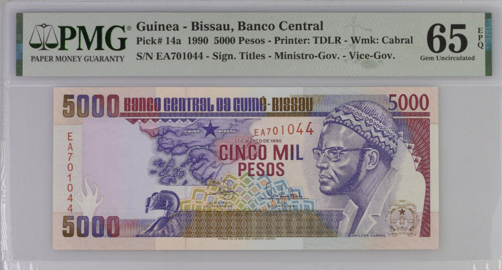 Guinea Bissau 5000 PESOS 1990 P 14 a Gem UNC PMG 65 EPQ