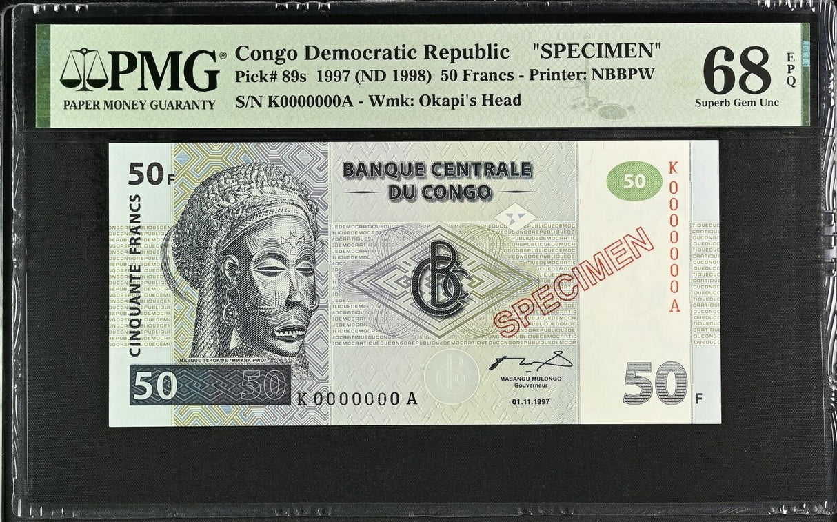 Congo 50 Francs 1997 ND 1998 P 89 s SPECIMEN Superb Gem UNC PMG 68 EPQ TOP POP