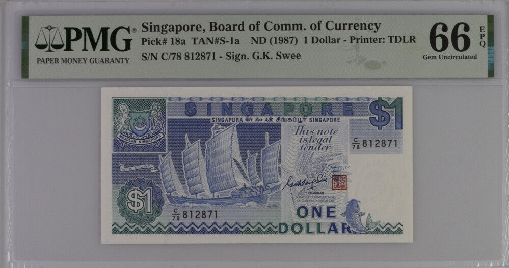 Singapore 1 Dollar ND 1987 P 18 a Gem UNC PMG 66 EPQ
