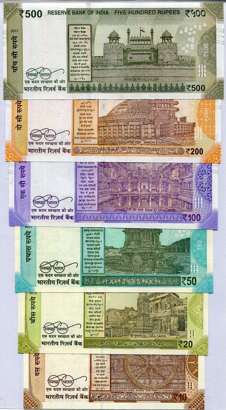 India Set 6 Pcs 10 20 50 100 200 500 Rupees Random Year P 109 - 115 UNC