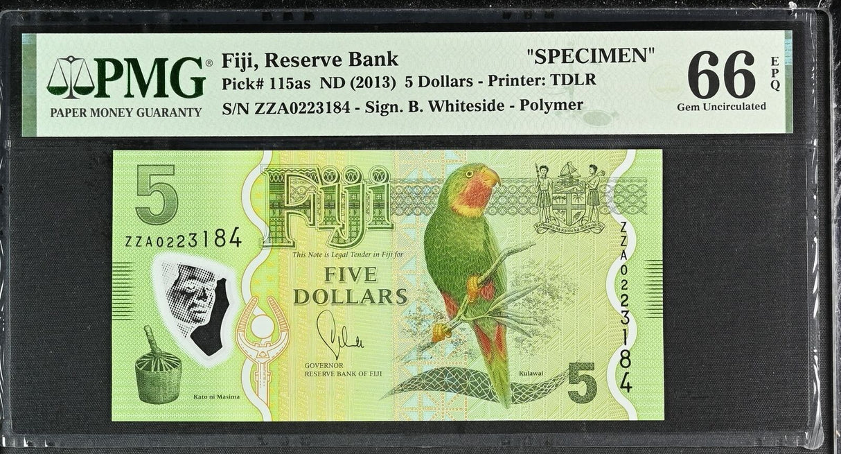 Fiji 5 Dollars ND 2013 P 115 as SPECIMEN Gem UNC PMG 66 EPQ