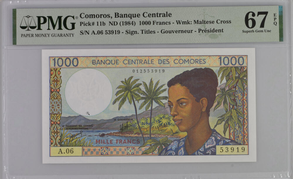 Comoros 1000 Francs ND 1984 P 11 b Superb Gem UNC PMG 67 EPQ