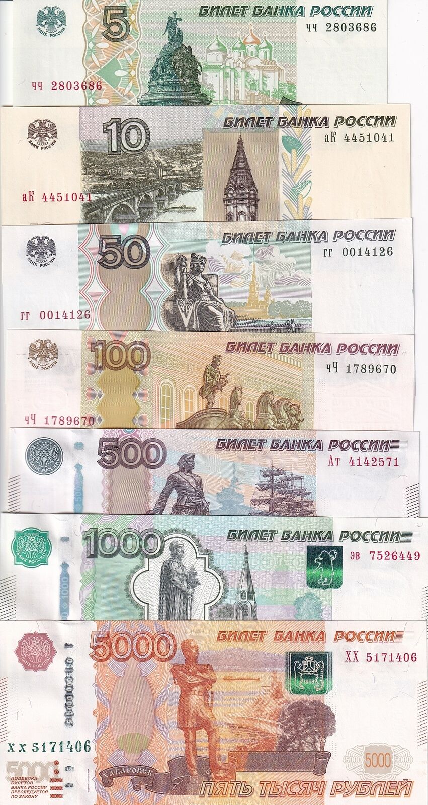 Russia Set 7 Pcs 5 10 50 100 500 1000 5000 Rubles 1997-2022 P 267 268-273 UNC