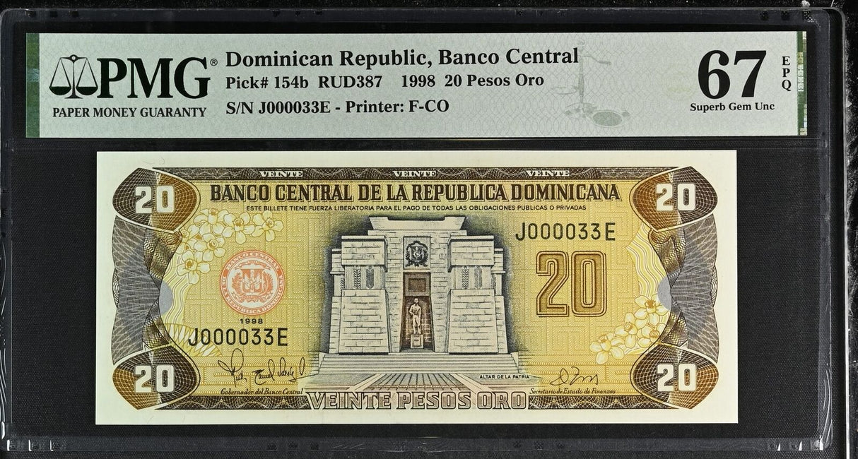 Dominican Republic 20 Pesos 1998 Low # 2 Digit P 154 b Superb Gem UNC PMG 67 EPQ