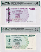 Zimbabwe Set 5; 1 50 500 750K 25Mill 2006-2008 P37-P52 Gem UNC PMG 66 EPQ