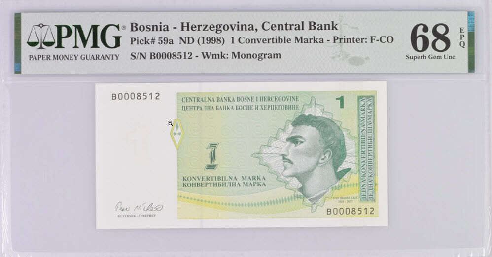 Bosnia & Herzegovina 1 Convertible Marka 1998 P 59 Superb Gem UNC PMG 68 EPQ