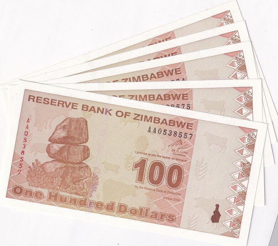 Zimbabwe 100 Dollars 2009 P 97 UNC LOT 5 PCS