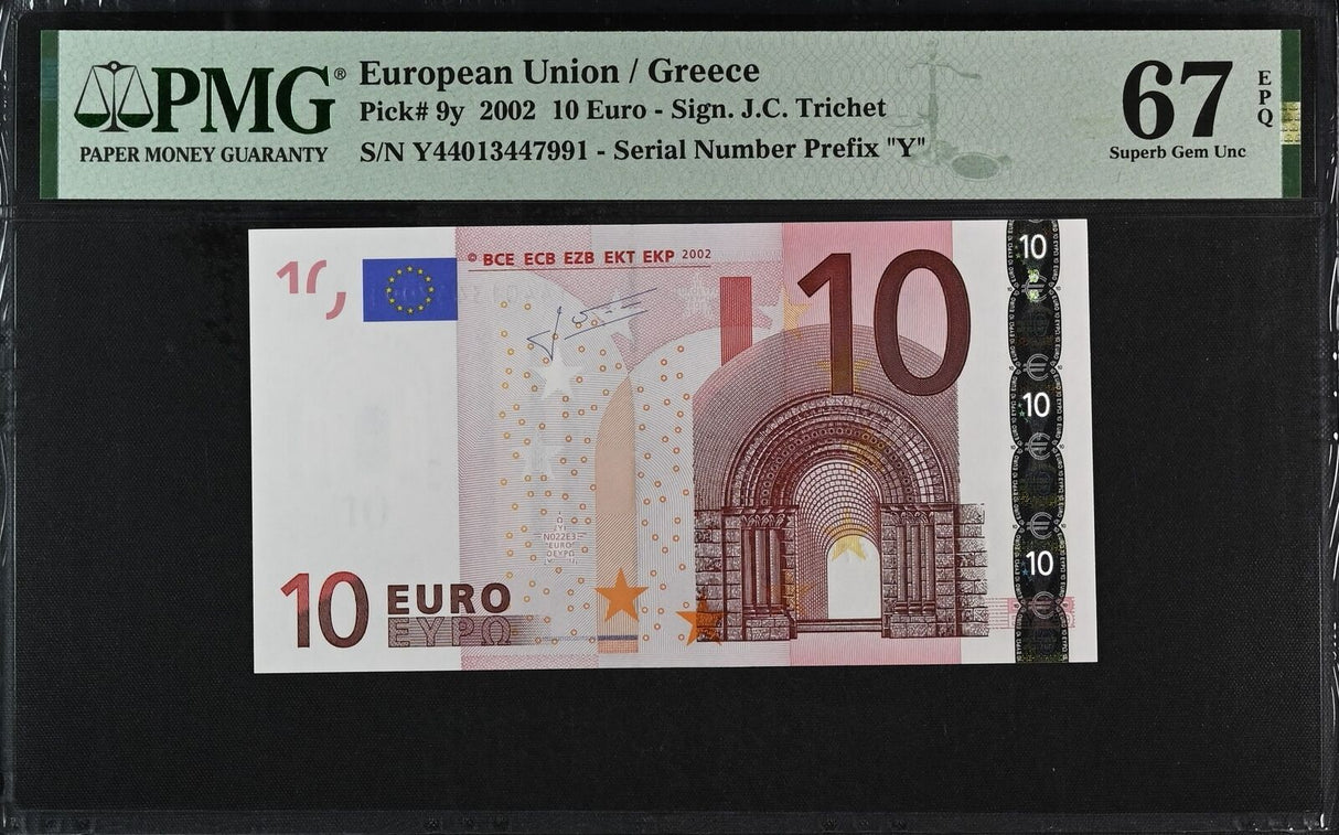 Euro 10 Euro Greece 2002 P 9 y Superb Gem UNC PMG 67 EPQ
