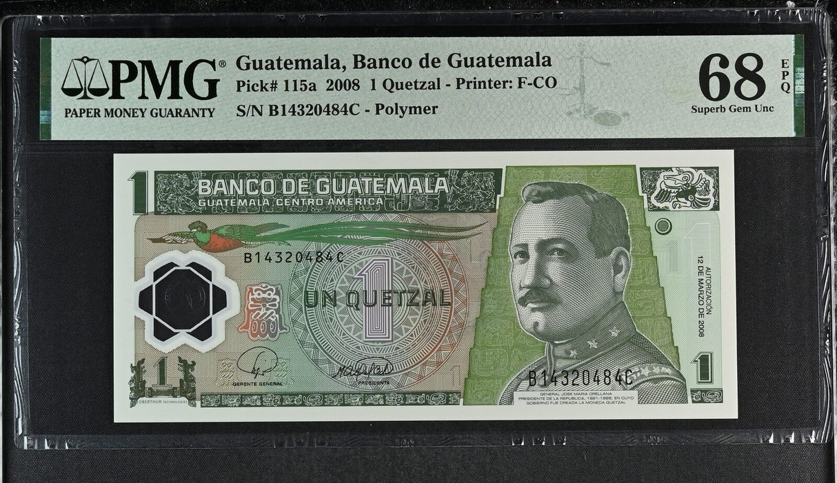 Guatemala 1 Quetzal 2008 P 115 a Polymer Superb Gem UNC PMG 68 EPQ