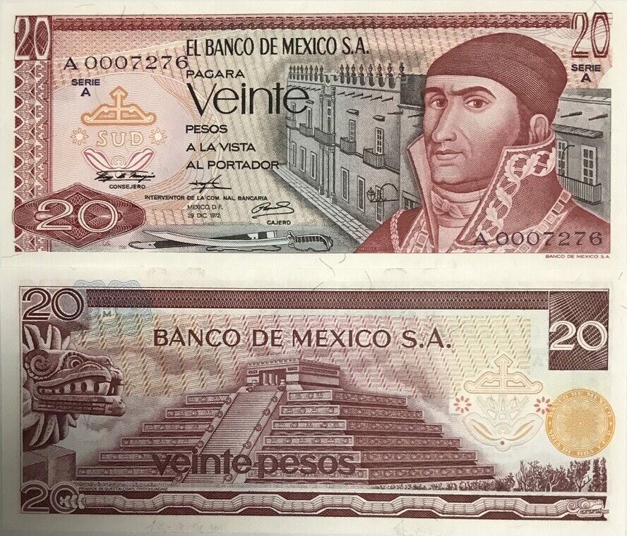 Mexico 20 Pesos 1972 Series A P 64 a UNC