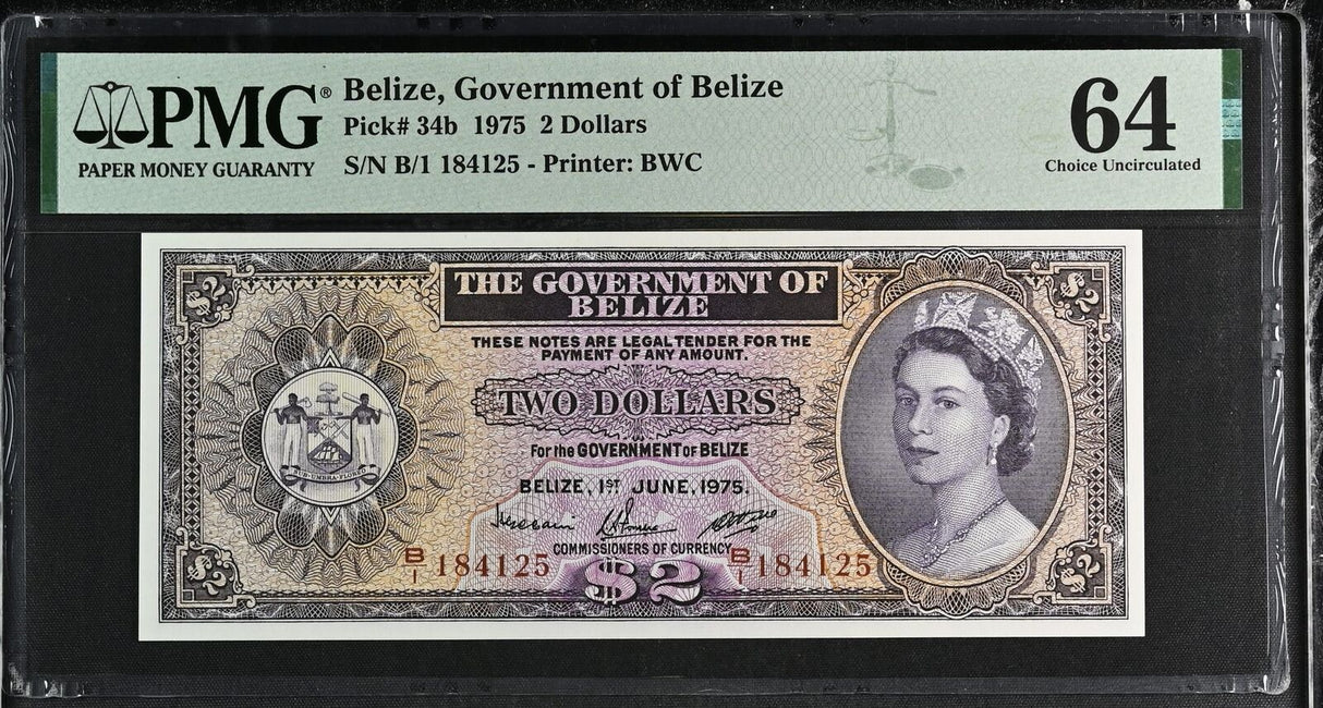 Belize 2 Dollars 1975 P 34 b Choice UNC PMG 64