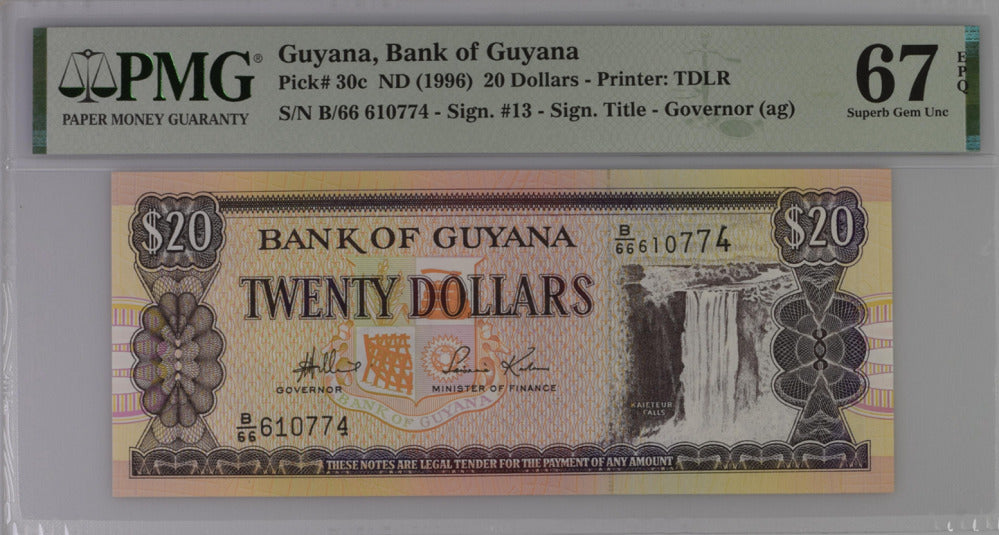 Guyana 20 Dollars ND 1996 P 30 d Superb Gem UNC PMG 67 EPQ Top Pop Wrong Label