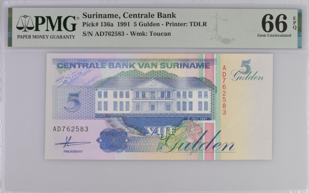 Suriname 5 Gulden 1991 P 136 a  Gem UNC PMG 66 EPQ
