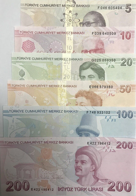 Turkey Set 6 Pcs 5 10 20 50 100 200 Lira 2009 - 2020 P 222 - 227 c UNC