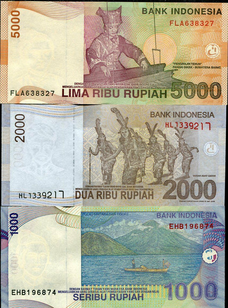 Indonesia Set 3 PCS 1000 2000 5000 Rupiah Random Date P 141 142 148 UNC