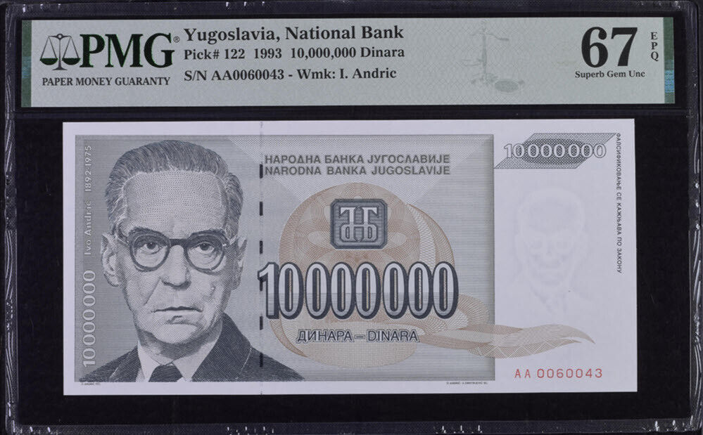 Yugoslavia 10 Million Dinara 1993 P 122 Superb Gem UNC PMG 67 EPQ