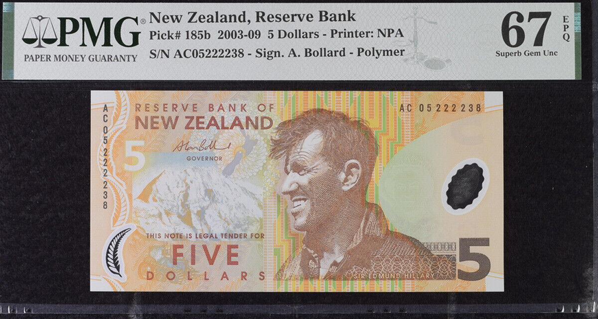 New Zealand 5 Dollars 2005 P 185 b Nice # 222238 Superb Gem UNC PMG 67 EPQ