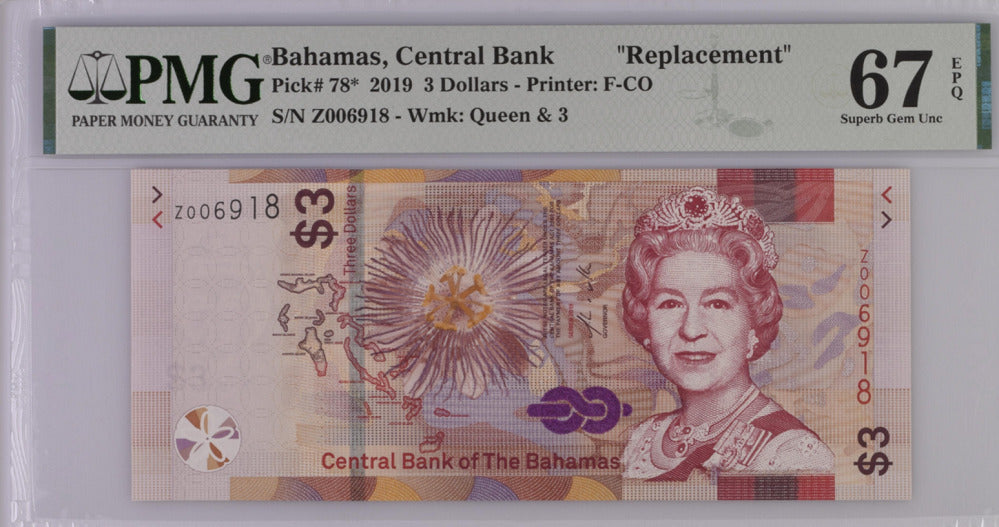 Bahamas 3 Dollars 2019 P 78* Replacement Superb Gem UNC PMG 67 EPQ