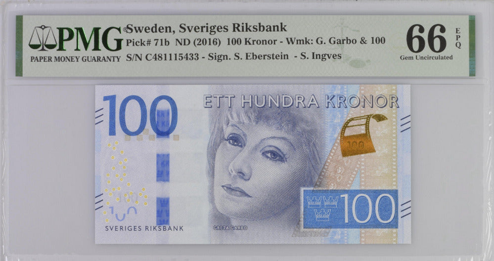 Sweden 100 Kronor ND 2016 P 71 b Gem UNC PMG 66 EPQ