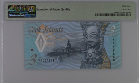 Cook Islands 3 Dollars ND 2021 P 11 a Polymer Superb Gem UNC PMG 69 EPQ