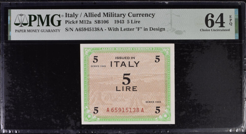 Italy Allied Military 5 Lire 1943 P M12 a Choice UNC PMG 64 EPQ