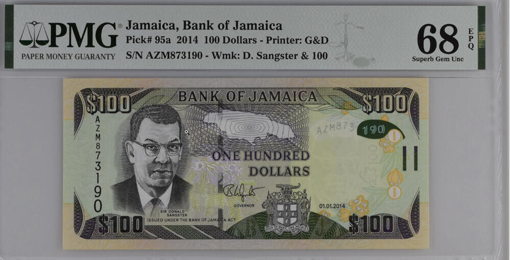 Jamaica 100 Dollars 2014 P 95 a Superb Gem UNC PMG 68 EPQ Top Pop