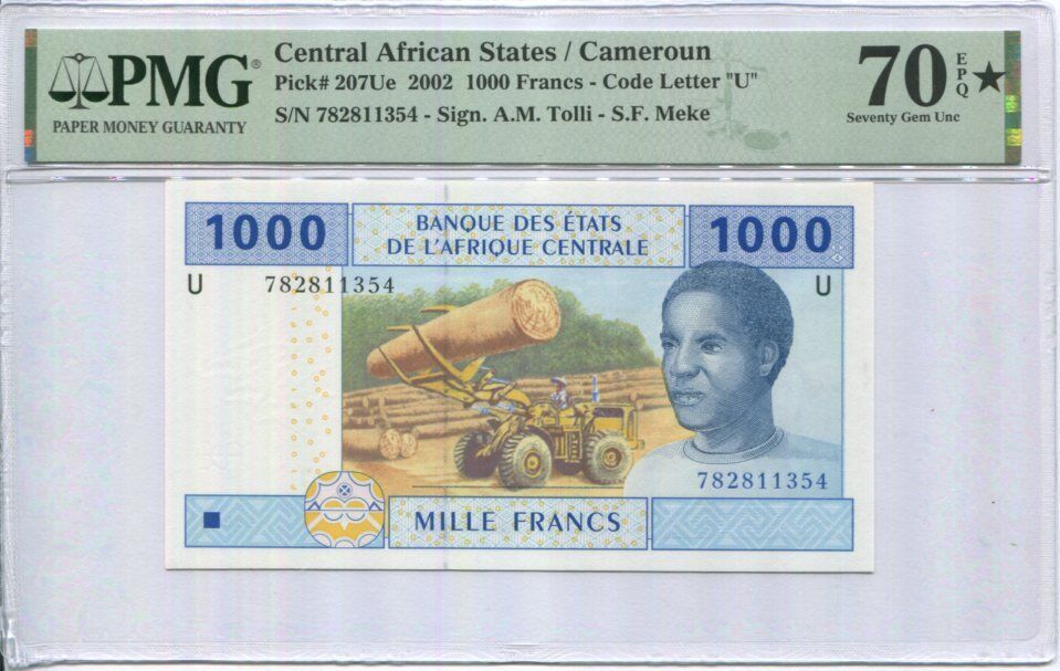 Central African States 1000 Fr. 2002 Cameroun P 207Ue Superb Gem UNC PMG 70 EPQ*